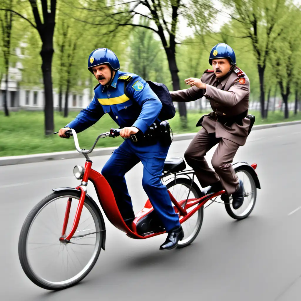 colored image: A Ukrainian policeman on a bicycle chases a fleeing man on a scooter.