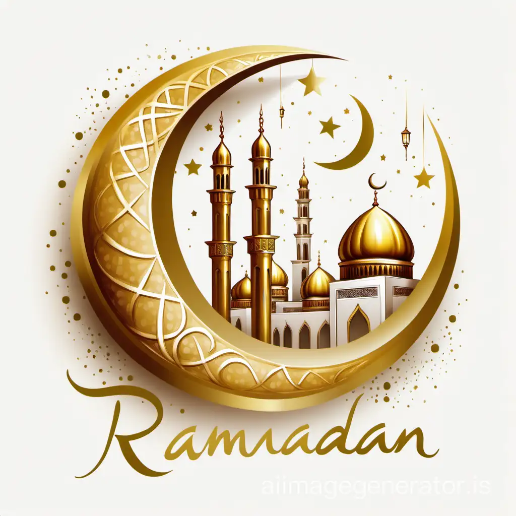 Celebrations of the blessed month of Ramadan painted in it the crescent, the lantern of Ramadan and a mosque in shiny gold color White background written on it Ramadan Kareem In bold and dark gold font Flag of the algeria