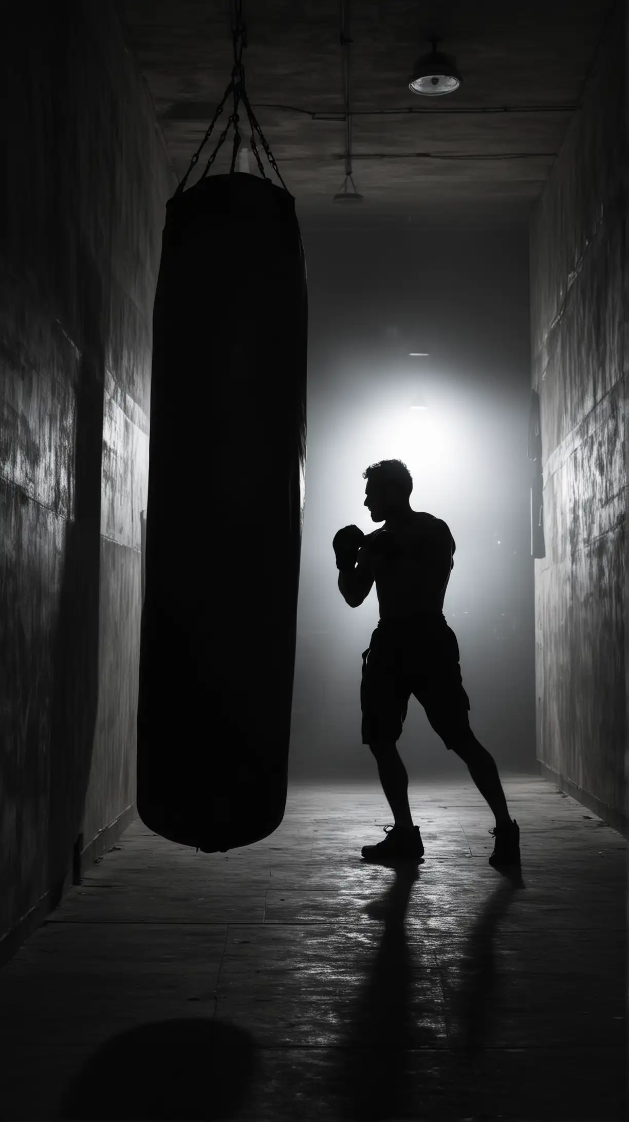 Shadowy Fighter Training with Punching Bag in Dim Hallway