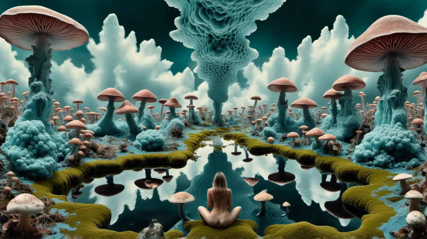 Psychedelic landscape, crystalline bluish mineral clouds, with nude woman in center, Moss, mushrooms up to the sky, and water on the ground
