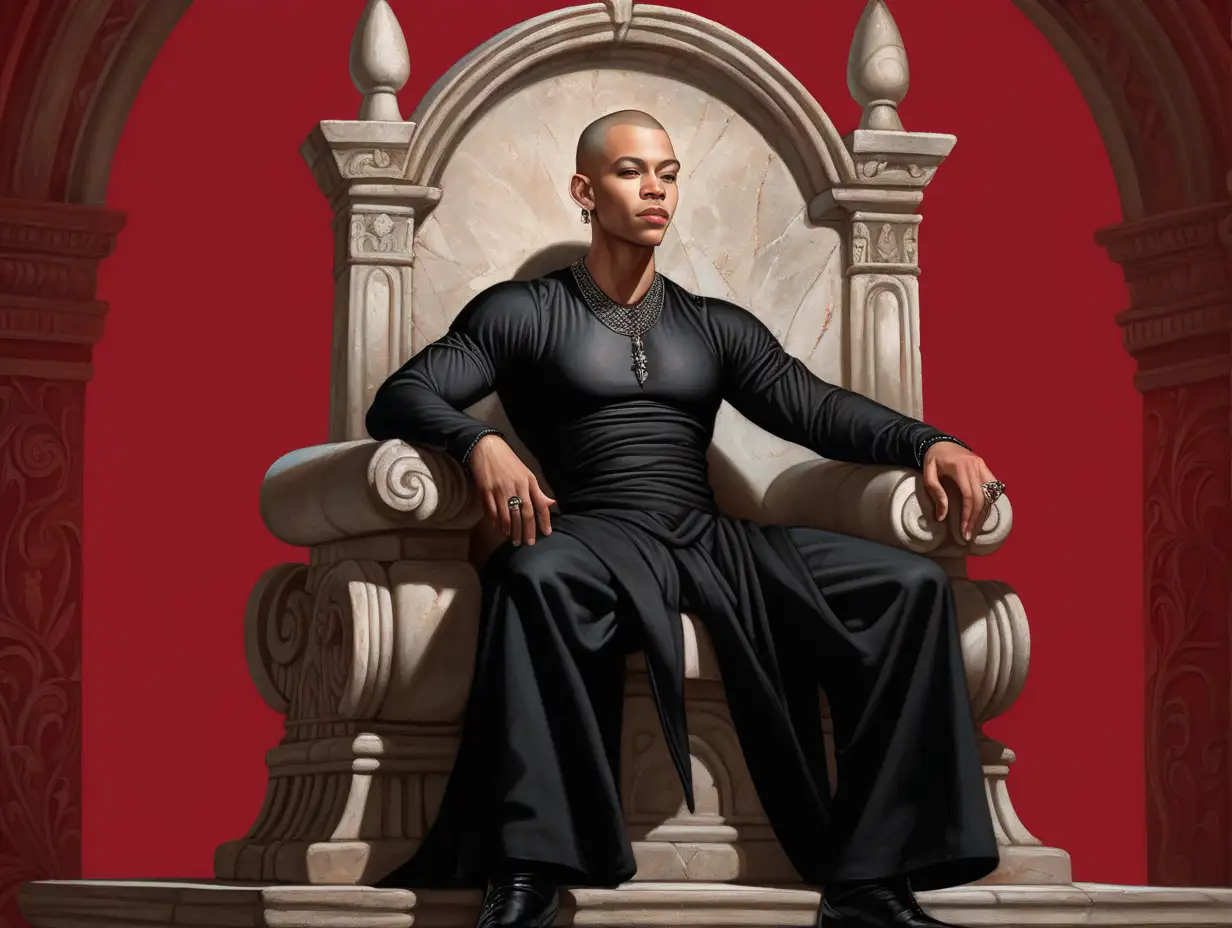 Light skin man, with shaved head, wearing all black, leaning back sitting on stone throne, light beaming on him, Renaissance, red background