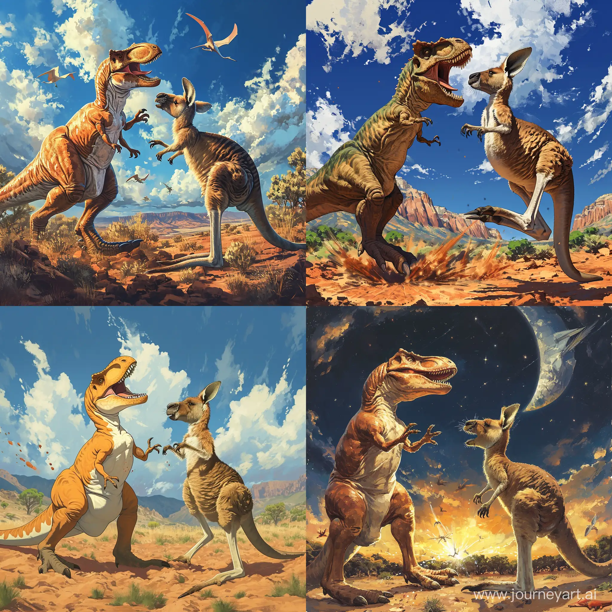 Панорама, один динозавр сражается против одного кенгуру, стиль аниме
