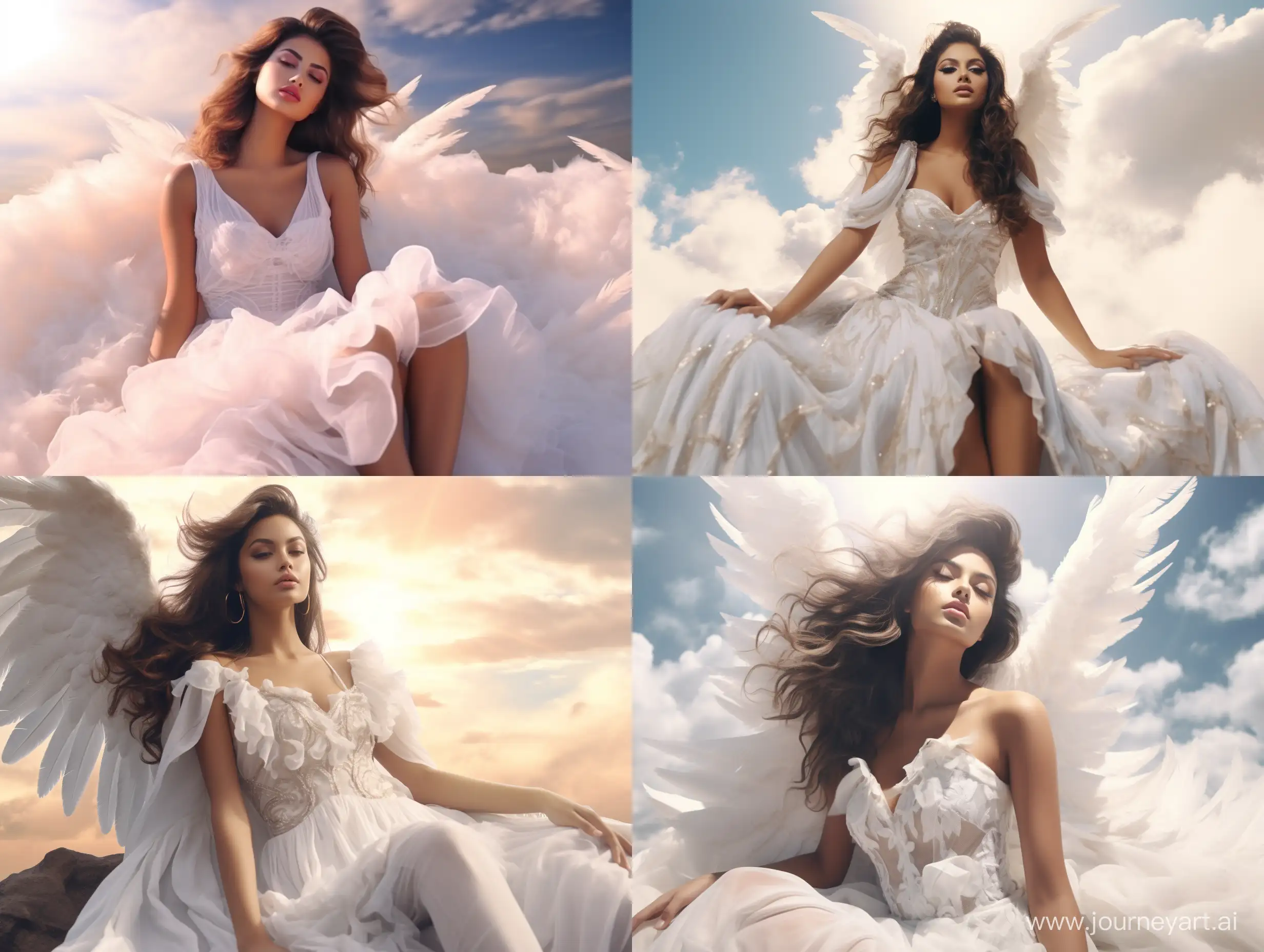 Selena Gomez portrayed as an angel in a realistic style, perched on high clouds, with majestic wings unfurled, wearing an elegant, celestial dress, backlit with heavenly light, against a realistic, tranquil sky, cinematic music video aesthetics