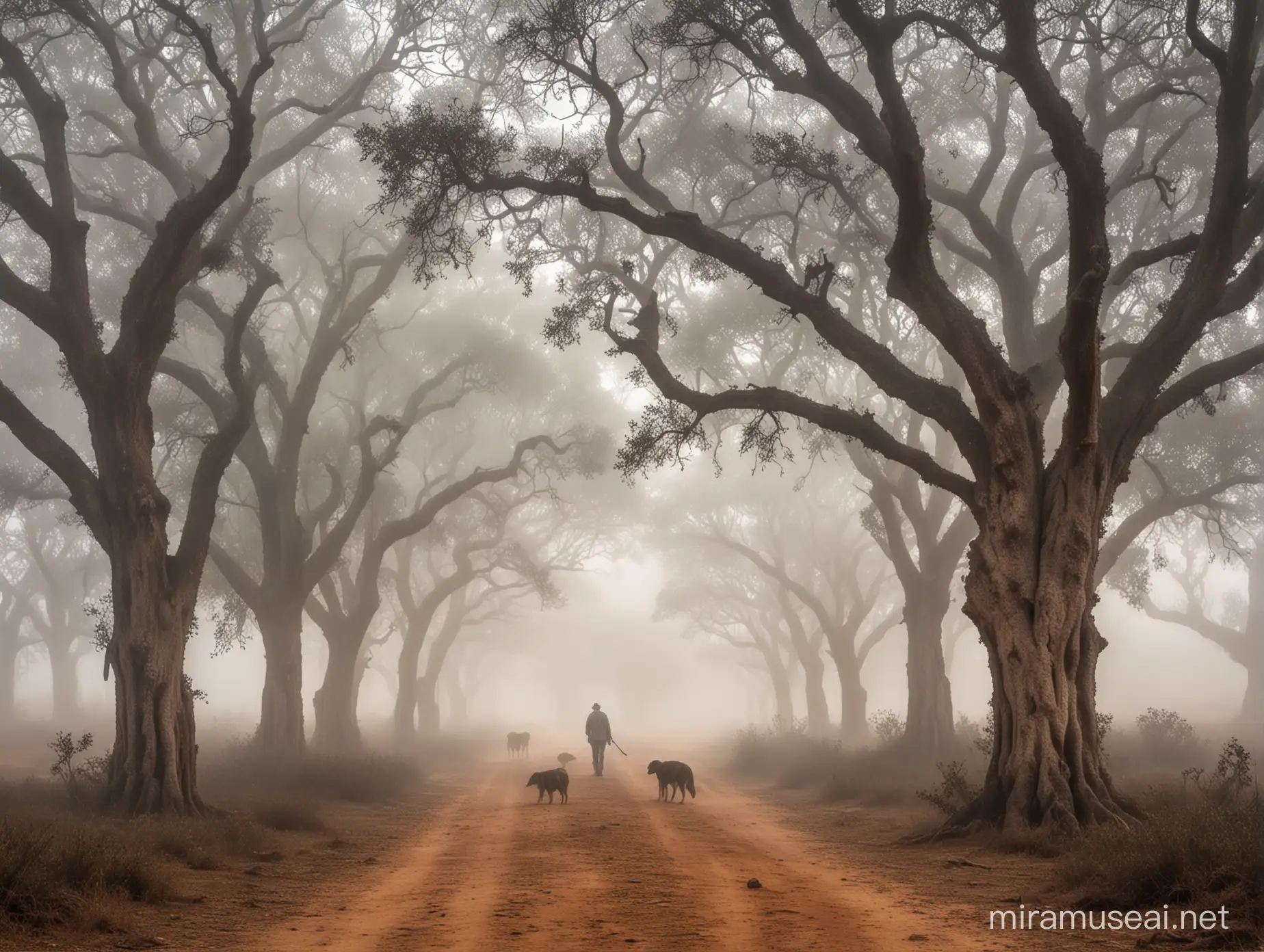 Mystical Cork Oak Trees Landscape with Man and Dog in Heavy Mist