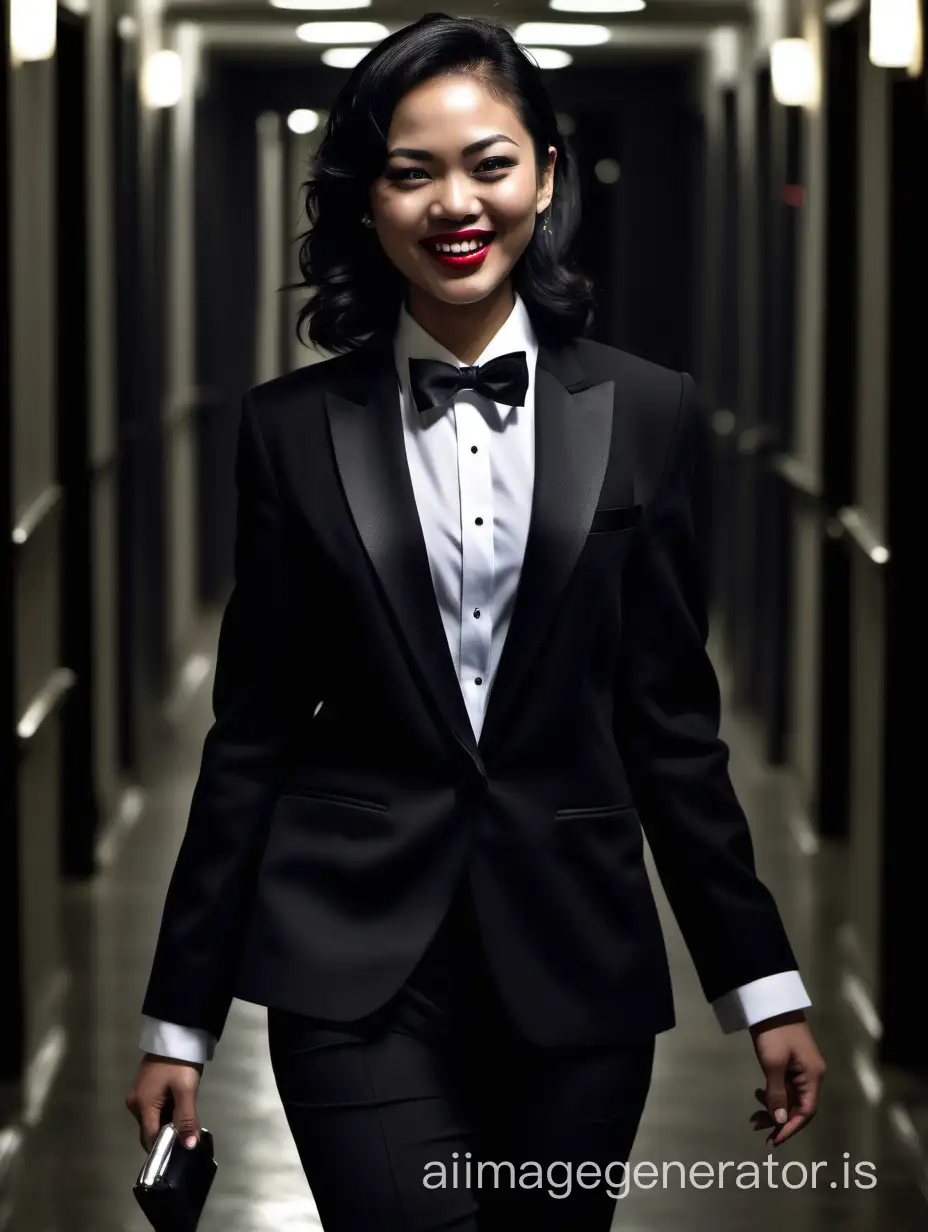 A sophisticated and confident Malaysian hitwoman with shoulder length hair and lipstick is walking toward you down a darkened hallway. She is smiling and laughing. She is wearing a black tuxedo with a black jacket. Her shirt is white with double French cuffs and a wing collar. Her bowtie is black. Her cufflinks are silver. She is wearing black pants. She is taking a gun out of her purse.