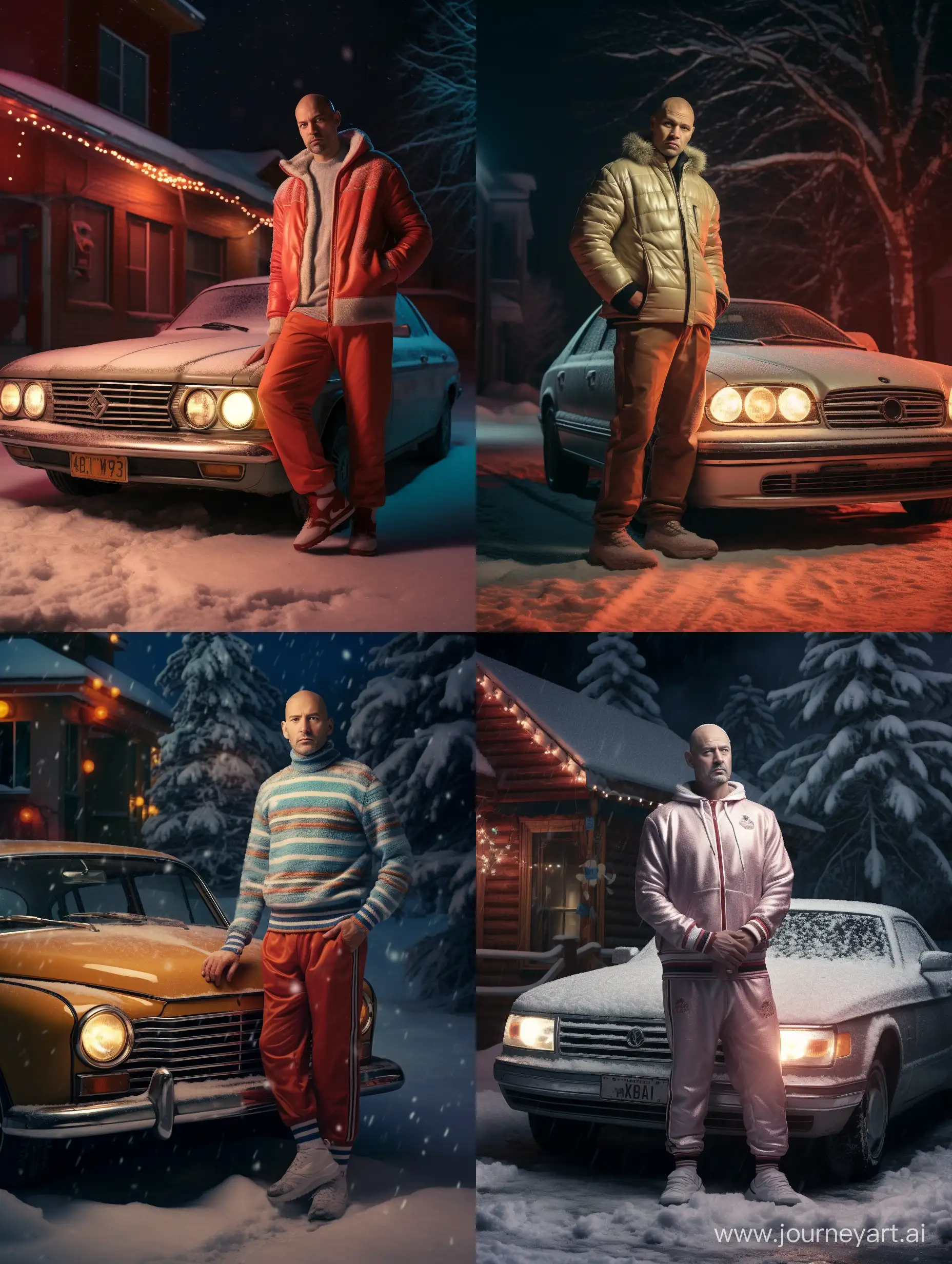 Vintage-USSR-Winter-Night-Bald-Man-in-Adidas-Clothing-with-Retro-Volga-Car