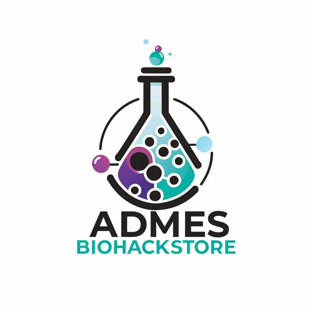 a logo design,with the text "Admes Biohack Store", main symbol:Logo design for the Adam Biohack store with modern text and a flask symbol where chemistry boils on a transparent background,Сложный,be used in Интернет industry,clear background