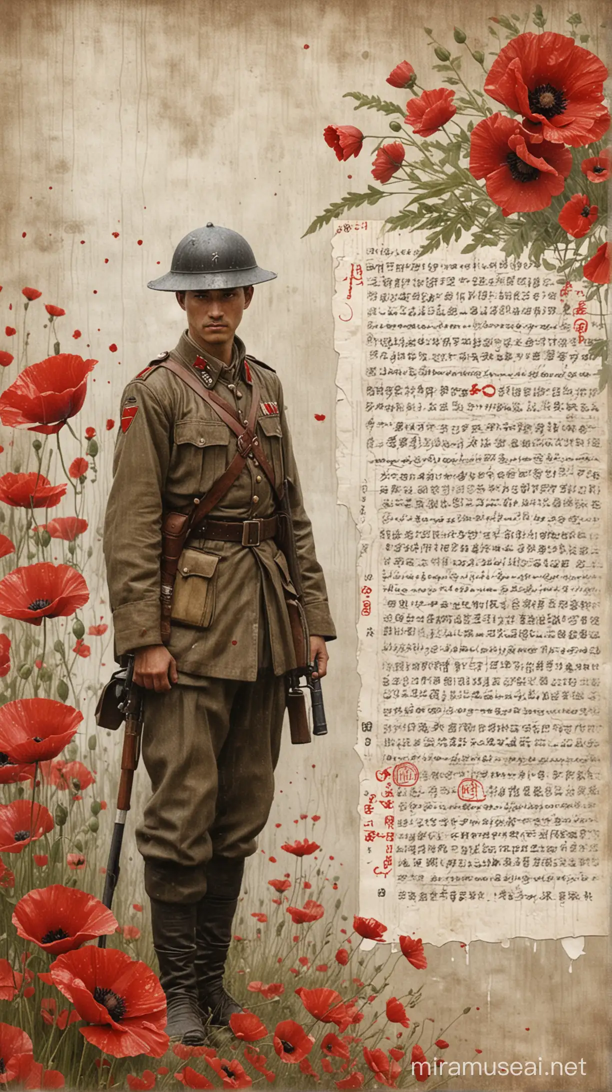 faded mixed media background that captures the essence of a rainy day with white chipped paint. It features a vintage written letter and ledger, accented with red, and includes numbers and codes for an added layer of intrigue. an ANZAC soldier stands still, adding a solemn touch, while poppies flow diagonally through the image, rendered in a Japanese style.