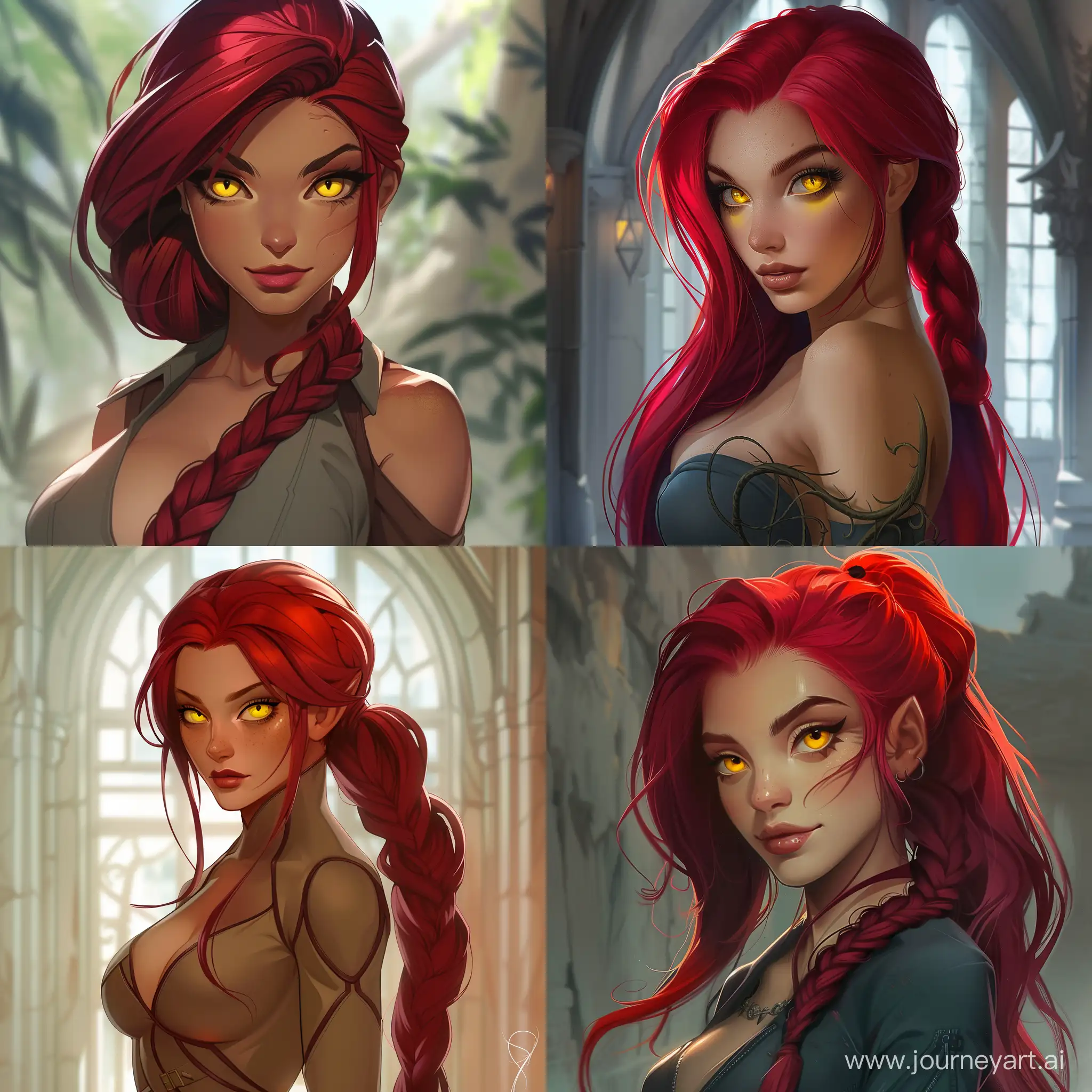 Makima's red hair flows gracefully, adding a sense of dynamism to her appearance.
Her yellow eyes are piercing, revealing a confident and commanding presence.
The braided ponytail is carefully done, adding a touch of elegance.
Makima wears a stylish and form-fitting outfit that hints at her confidence without being overly revealing.
The clothing choice complements her figure while maintaining a sense of professionalism.
The background could be a sophisticated setting, like an upscale office or a fantasy environment that complements her character.