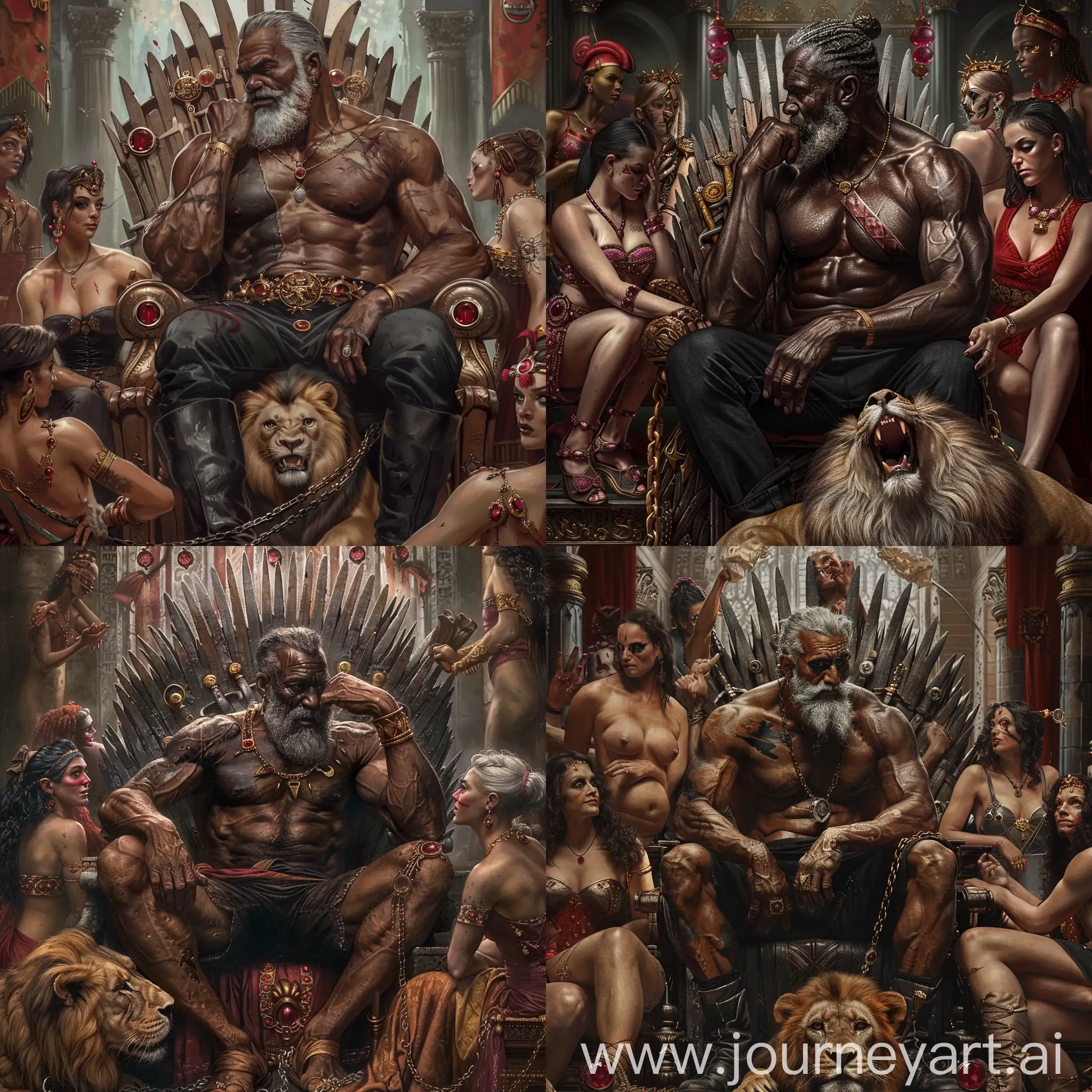 Dominant-Black-Warrior-King-on-Throne-with-Lion-and-Court-Jesters