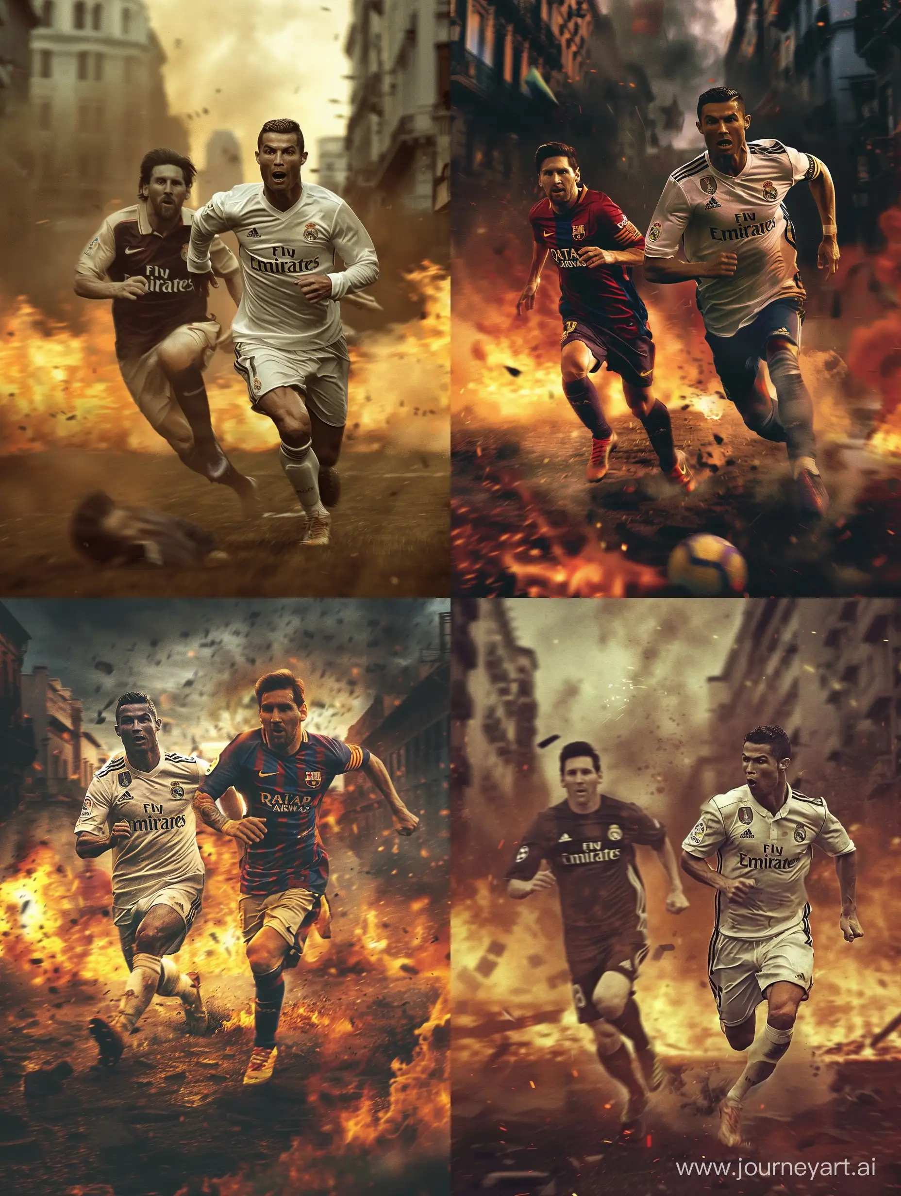 Cristiano ronaldo running from lionel messi that is trying to chase him in a burning city