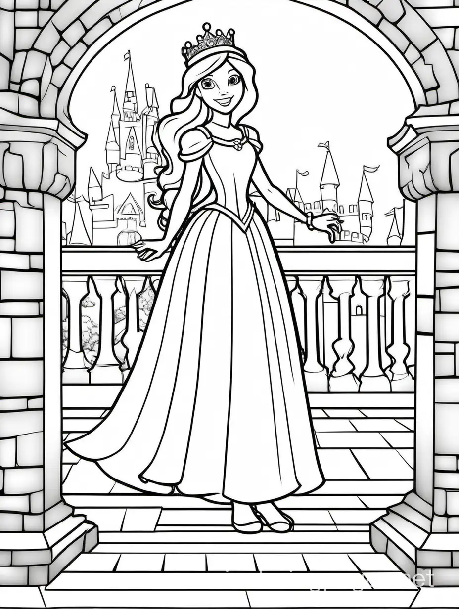 Princess on the castle's balcony, Coloring Page, black and white, line art, white background, Simplicity, Ample White Space. The background of the coloring page is plain white to make it easy for young children to color within the lines. The outlines of all the subjects are easy to distinguish, making it simple for kids to color without too much difficulty