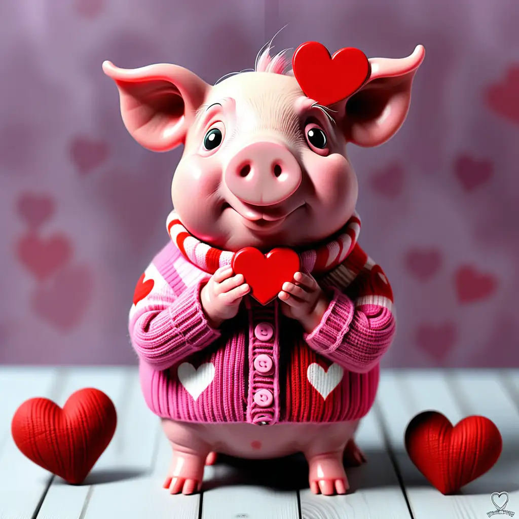 Valentine piggie with sweather with hearts and a little heart