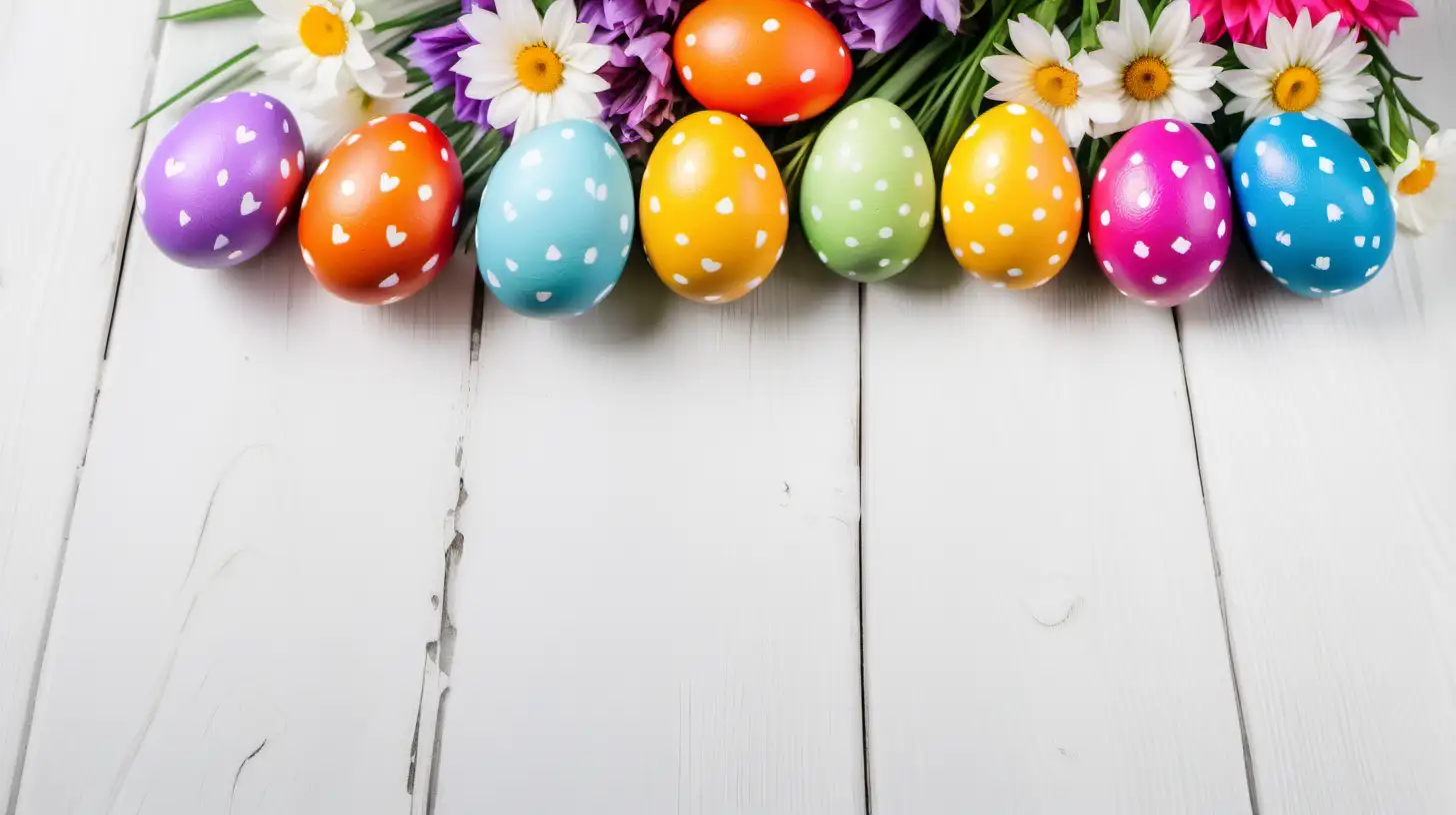 multicolor easter eggs and flowers on white wooden background, text space, photo shoot, natural day light
