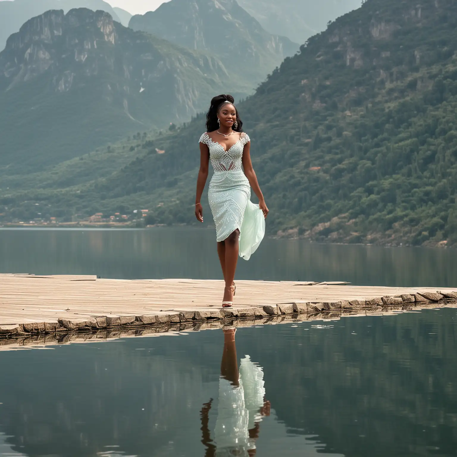 In a very realistic way, a sublime Nigeria beauty  pageant  in crystal, walking on a lake, amidst the mountains, showing her back 