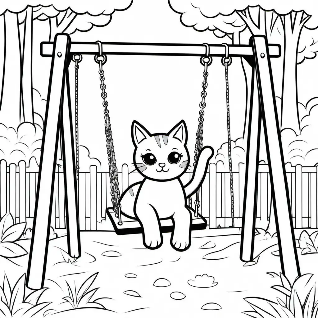 A cat on a swing set at the park. It should be  suitable for a child's coloring page. thick lines, no  color, no sharing and low detail. Make sure the dogs have only four legs each. Ar 9-11