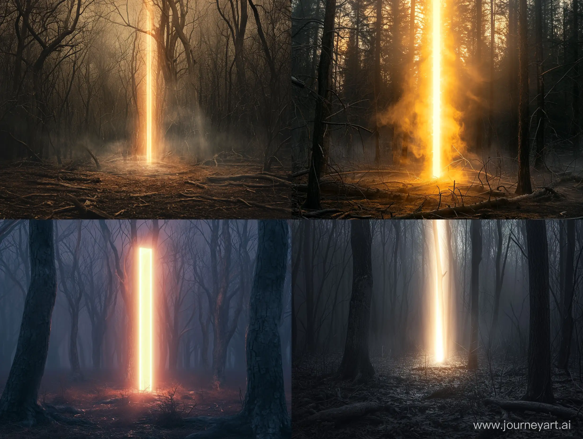 pillar of light in the middle of dead forest