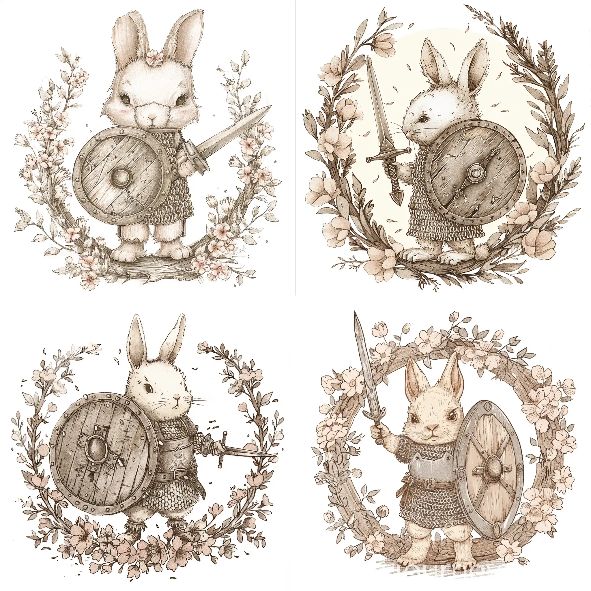 Create an hand drawn sketch of an anthropomorphic, cream-colored cute small bunny standing upright wearing medieval chainmail armor, holding a weathered wooden shield with metal trim in its left paw and a medieval sword in its right paw. The bunny is surrounded by a wreath of soft pink flowers with dense foliage. on strak white background