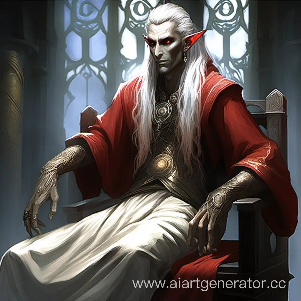 ESO god Dunmer young Sotha Sil looking dark elfy large red, slanted diagonal eyes that do not glow, with his long white hair and dwemer mechanical goods. His arm is mechanical. He has no beard.
He is lounging, bathed in morning light and dressed in a sheer, white, translucent robe, his artificial body silhouetted inside. He looks down at us as he disrobes.
He is non-threatening, but has sexy paternal vibes. Aloof, but compassionate. Clothes slipping off his shoulders.