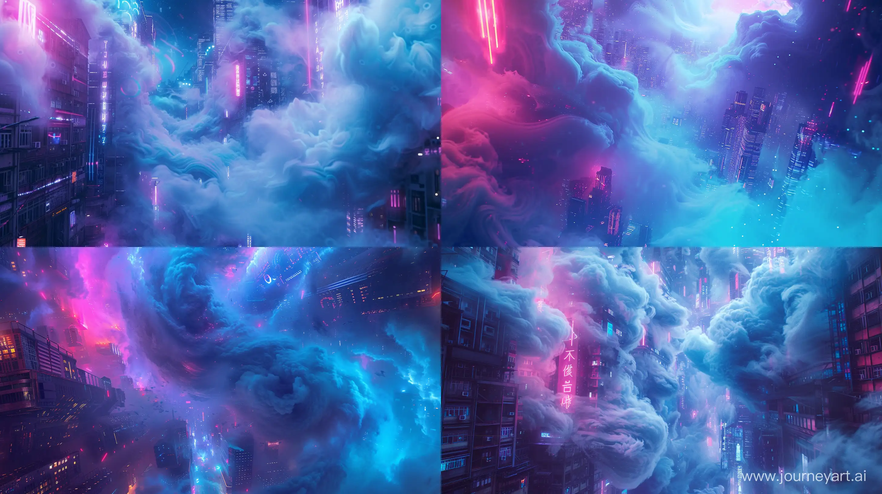 Create an album cover showcasing a surreal, abstract depiction of a futuristic metropolis engulfed in swirling clouds of smog and neon lights. Drawing inspiration from the album's electronic soundscapes, incorporate glitch art elements and digital distortion effects. Utilize a vibrant color palette dominated by electric blues, deep purples, and pulsating pinks. Shot using a Fujifilm X-T4 with a 16mm f/1.4 lens, capturing the chaotic energy and cybernetic aesthetic of the imaginary cityscape. --v 6.0 --style raw --ar 16:9