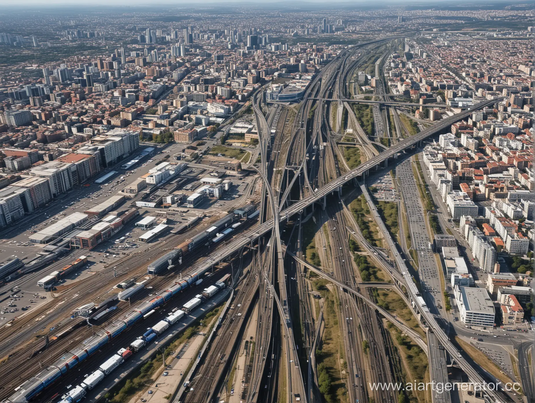 The train station and the airport are connected by a bridge against the background of the city.
