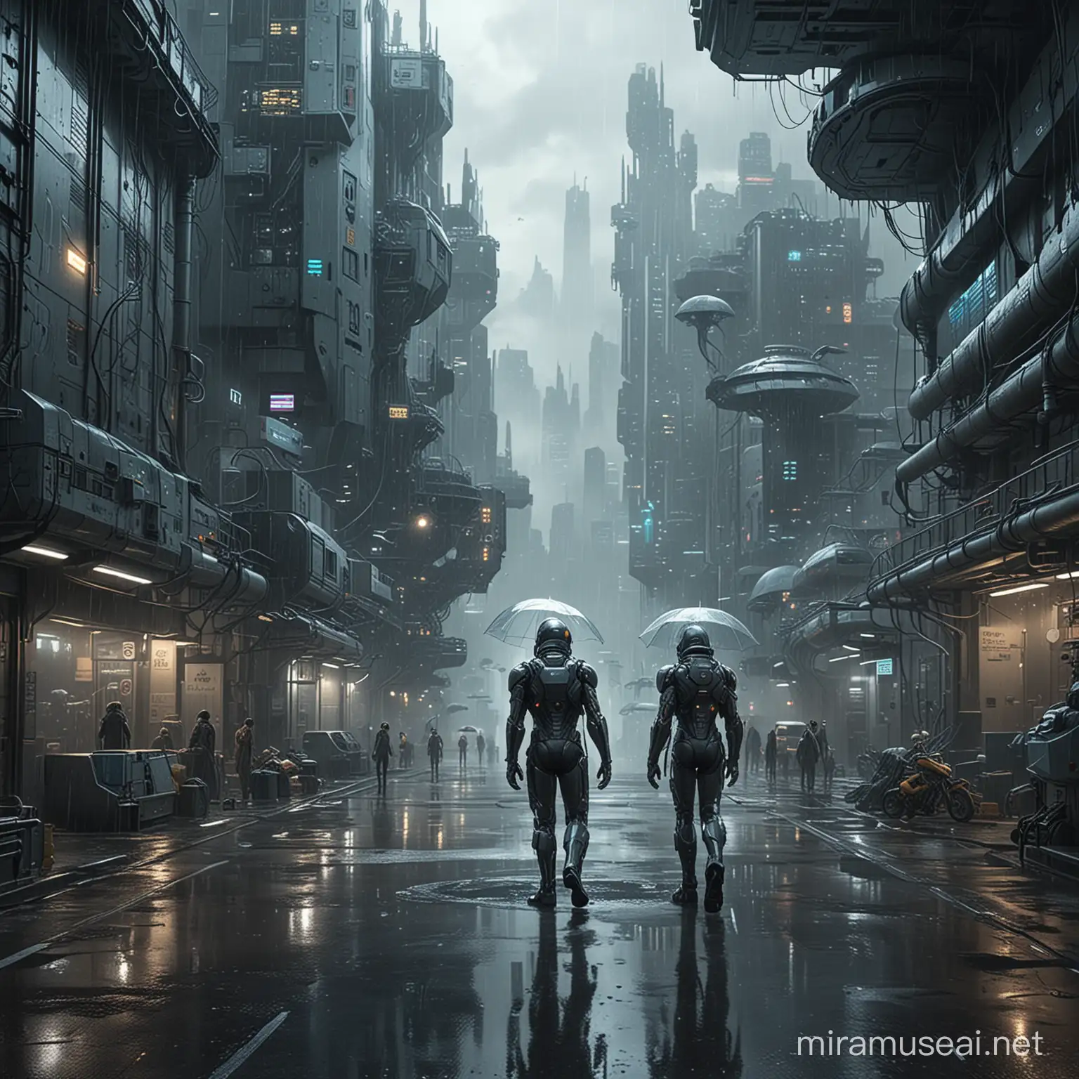 Futuristic City Humanoids with Superpowers Avoiding Rain in Laboratory
