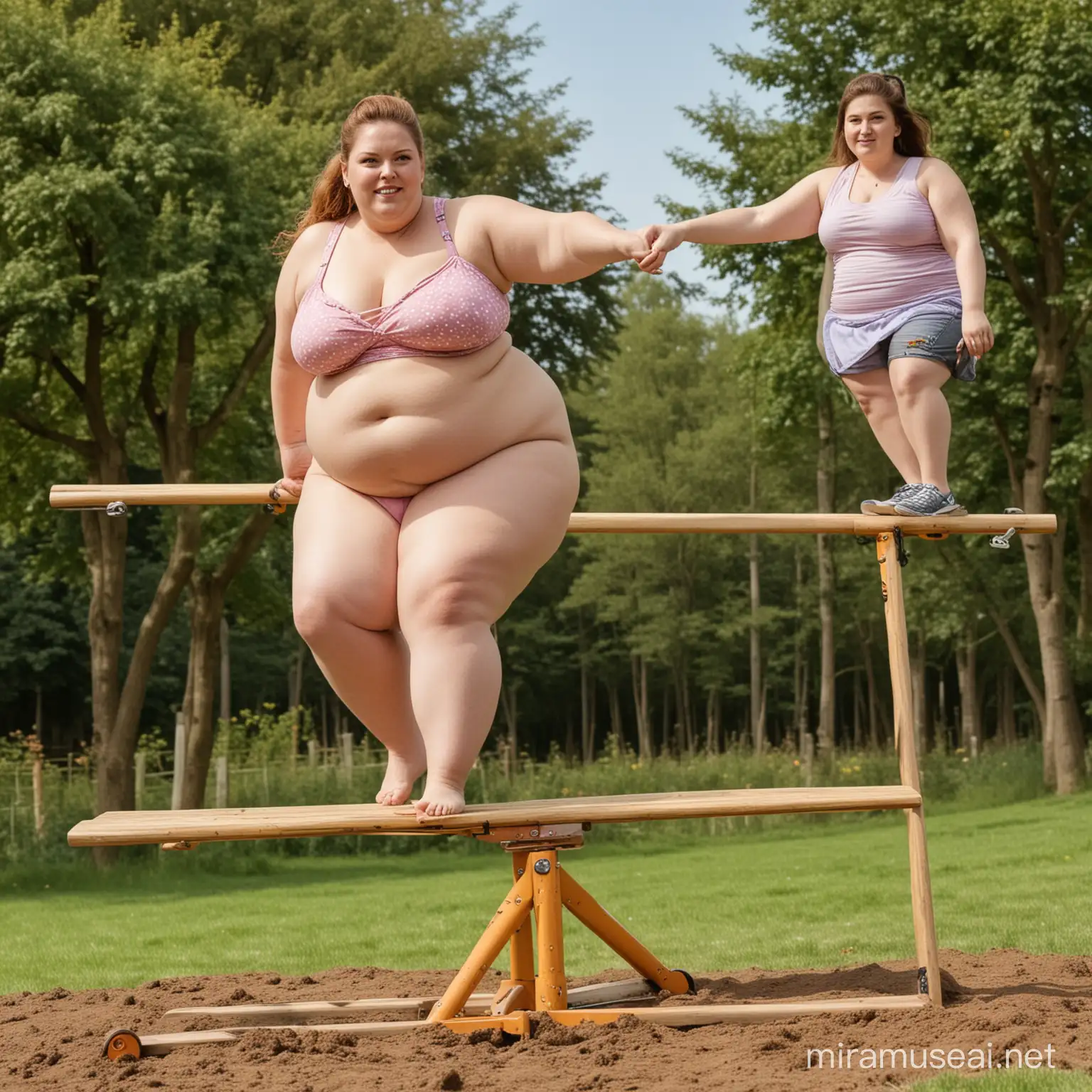 A very fat woman was playing seesaw with a thin man

with women in the top position