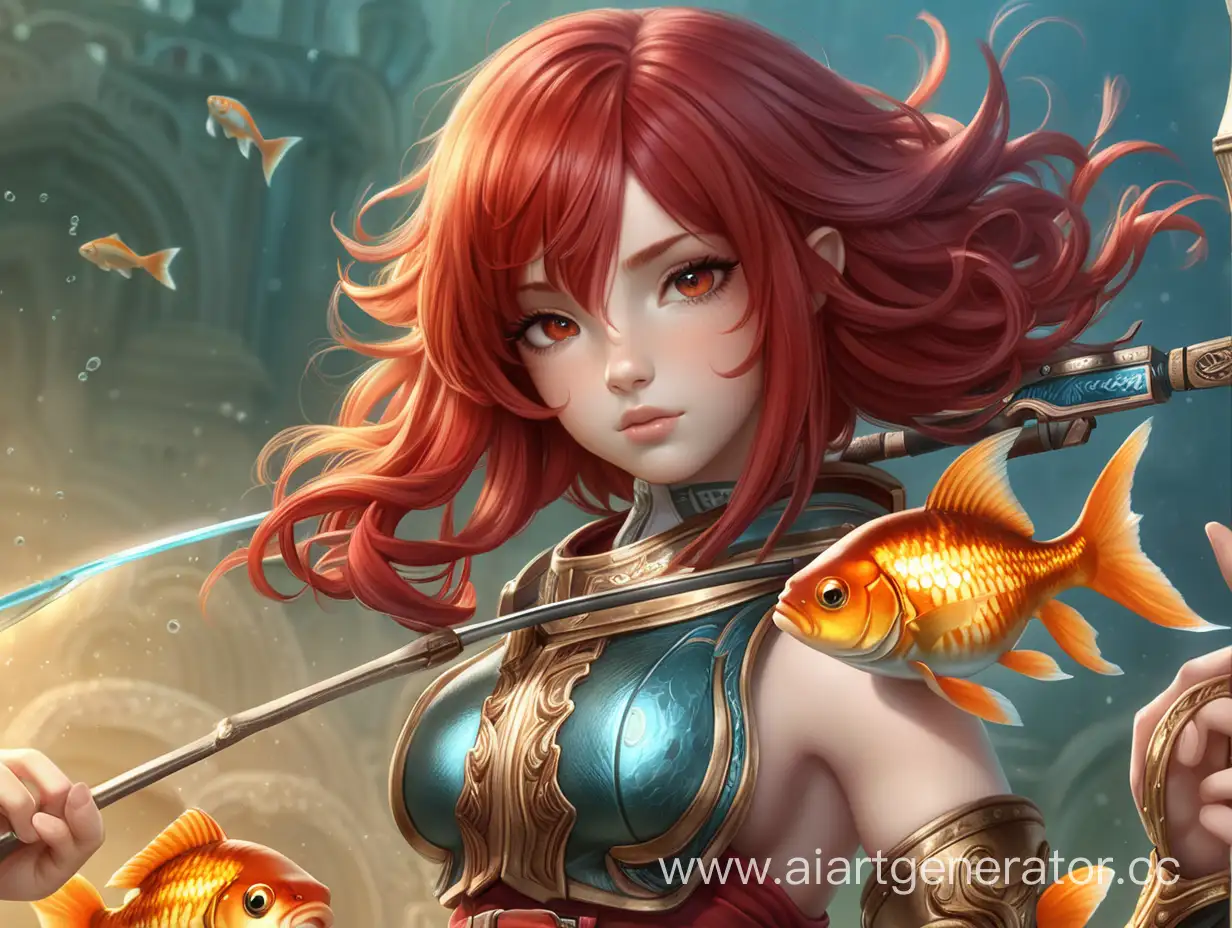 A Spearman Goldfish,  red hair, weapons, fantasy world, perfect body, perfect face, HD
