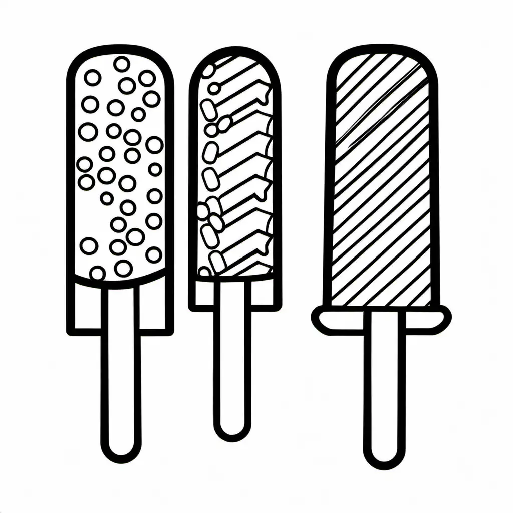Popsicles  food  bold ligne and easy , Coloring Page, black and white, line art, white background, Simplicity, Ample White Space. The background of the coloring page is plain white to make it easy for young children to color within the lines. The outlines of all the subjects are easy to distinguish, making it simple for kids to color without too much difficulty
