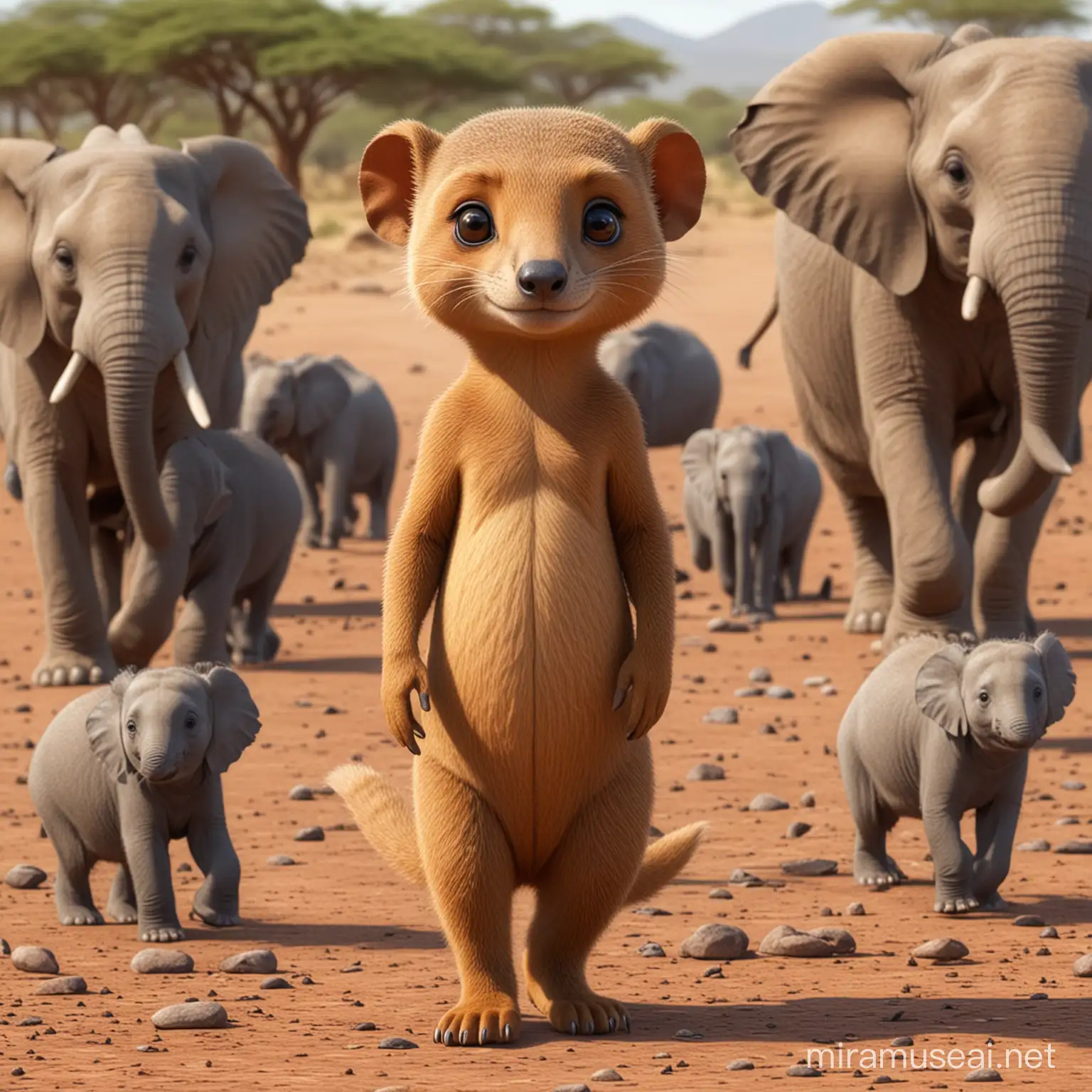 Adorable Cartoon Mongoose with Elephants in African Landscape