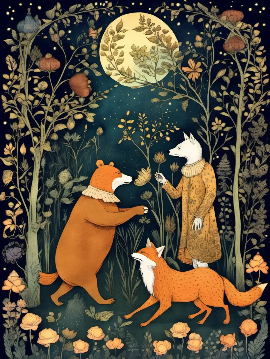 In the style of Dulac fairy tale illustration, a night time scene of a pleasure garden with a bear and a fox and a king in masquerade costumes, fantastical plants, flowers and vines