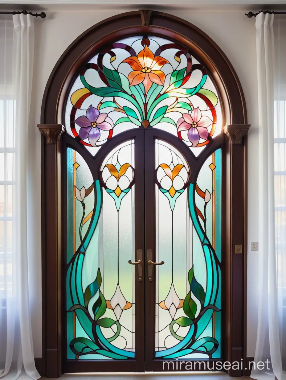 витраж цветочный орнамент, на двери, из цветного стекла тиффани, в стиле ар нуво на фоне штор из белой органзы