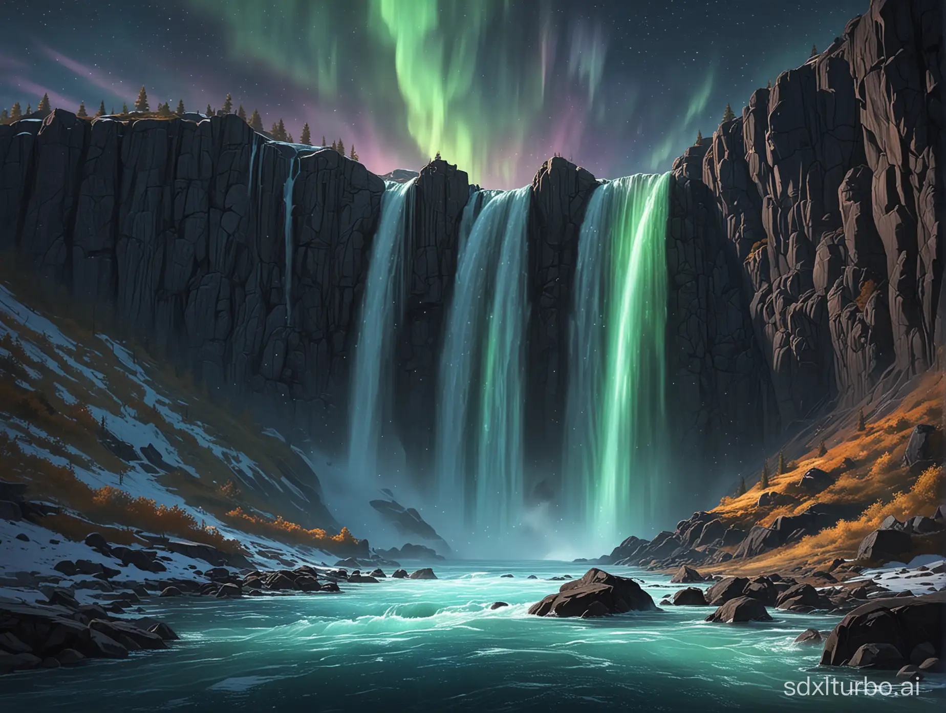realistic, fantasy, magic, aurora borealis waterfall