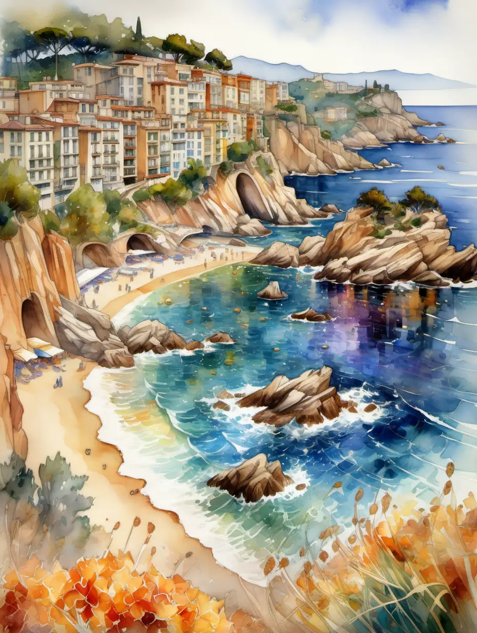 Catalunya Costa Brava shore by ALPHONSE MUCHA + LEONID AFREMOV SPECTACULAR VIEW, Watercolor, trending on artstation, sharp focus, studio photo, intricate details, highly detailed, by Karol Surovy