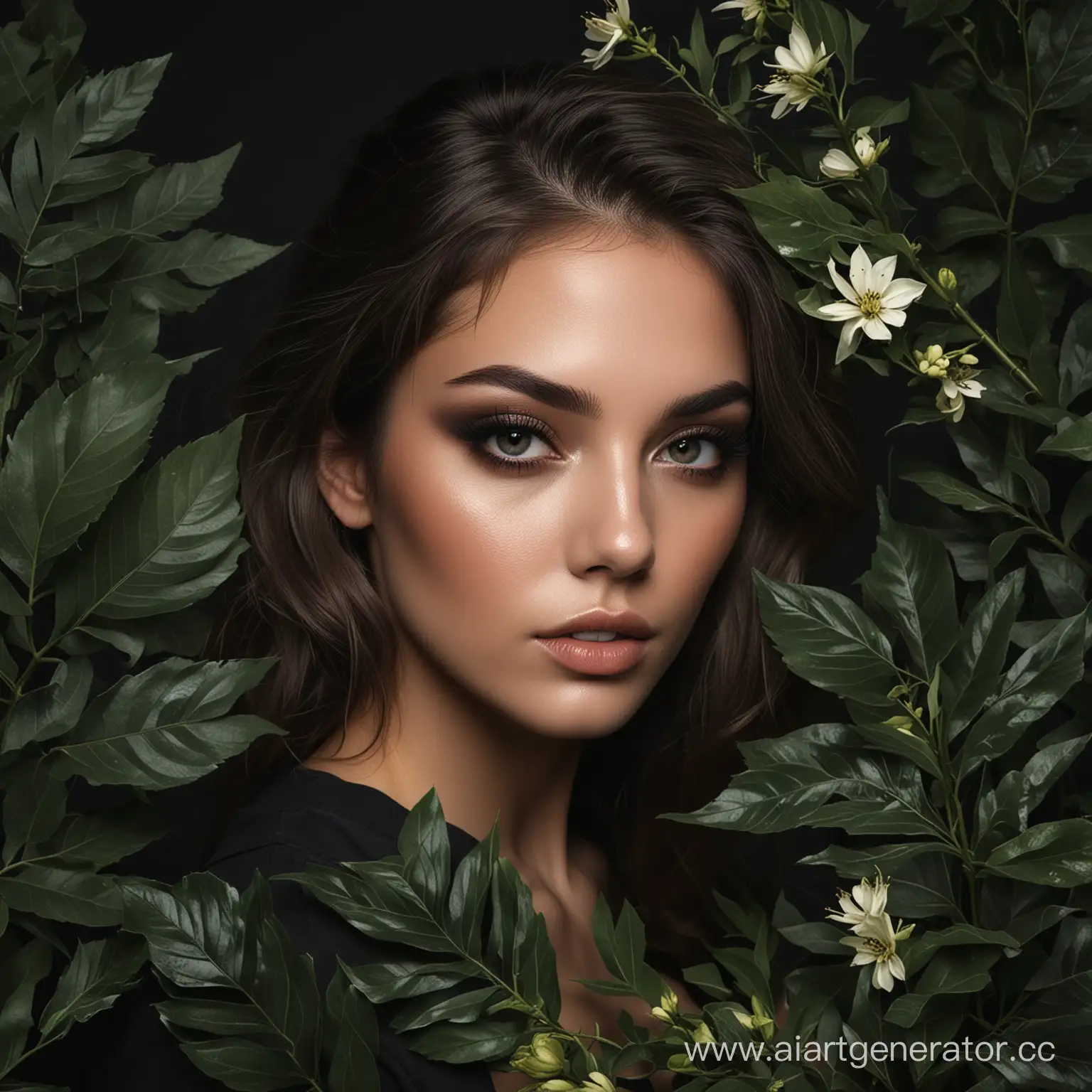 фото девушки, для косметологии, в цветах или листьях, эстетичное фото, с темным фоном, smoky eyes