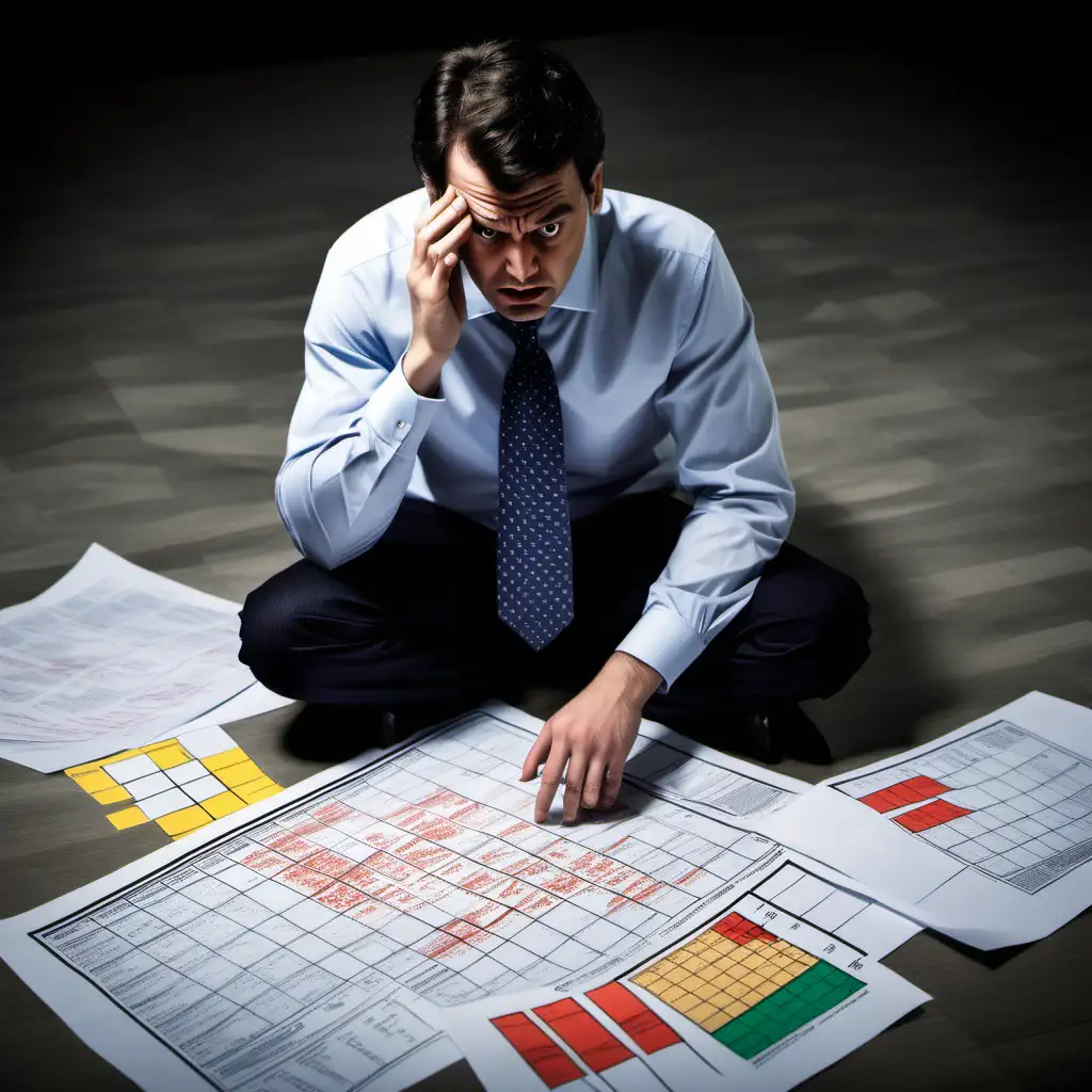 Frustrated Employee Struggling with Risk Analysis Colored Risk Matrix and Crumpled Papers
