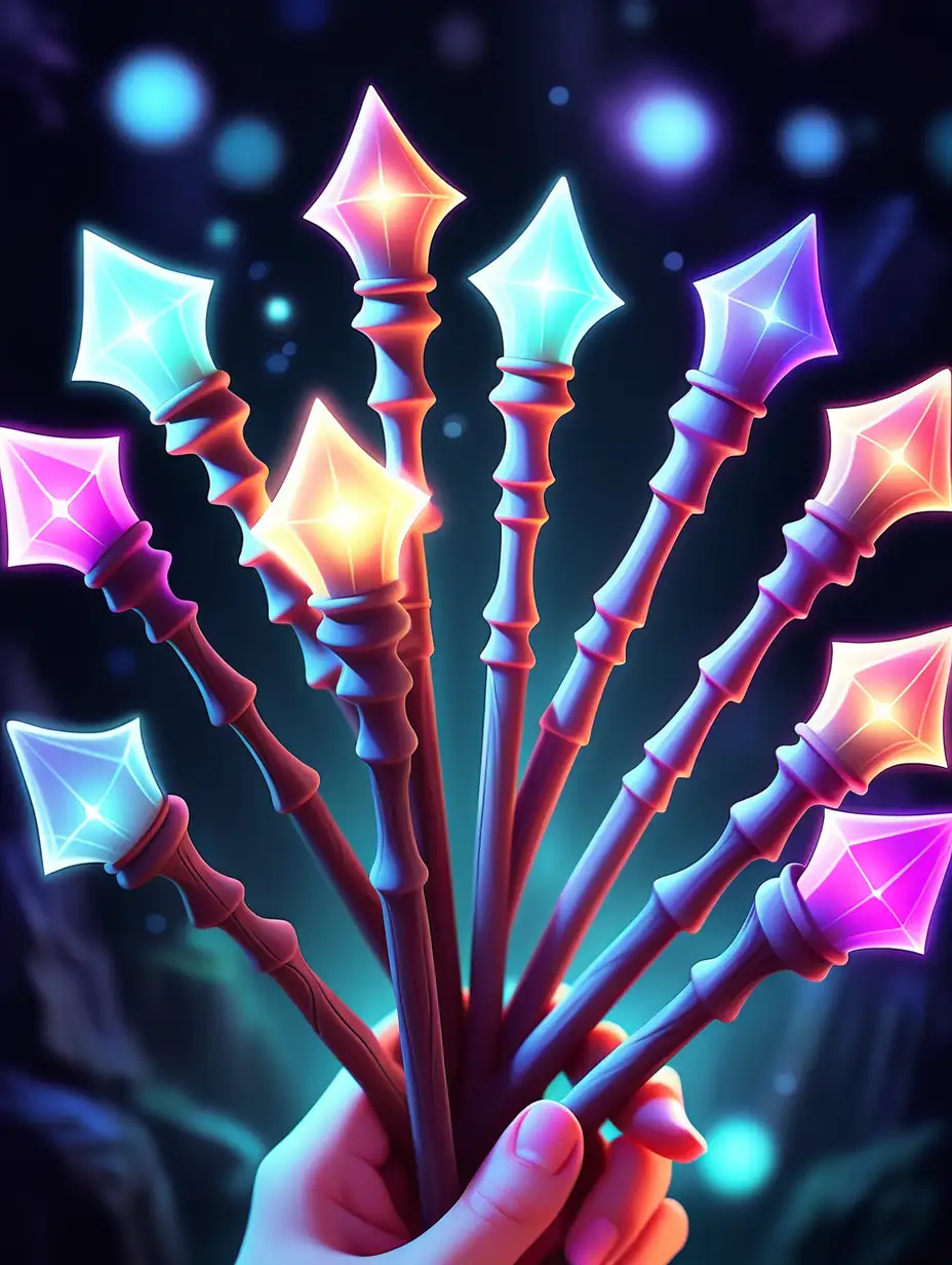 cute  mystical background, seven glowing magic wands