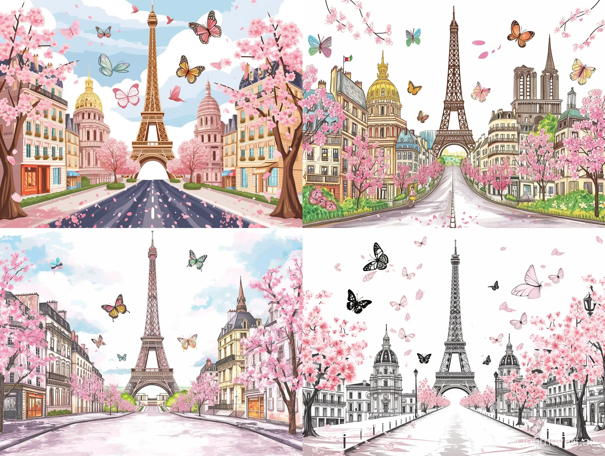 巴黎埃菲尔铁塔在中间,道路两边是法国的著名建筑,还有粉色的樱花树,蝴蝶飞舞,是手绘矢量图