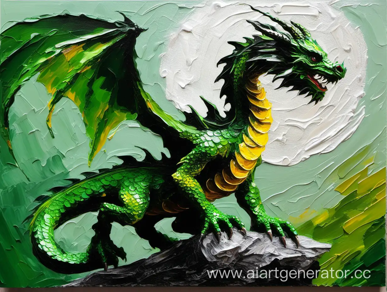 Зелёный дракон мастихином масляными красками большими мазками