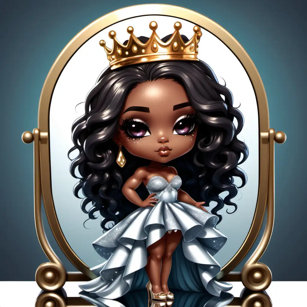 African American chibi female wearing immaculate makeup in a gorgeous sexy dress with split. Her wavy, long, black hair has highlights. She's looking into a mirror and her reflection has a crown on