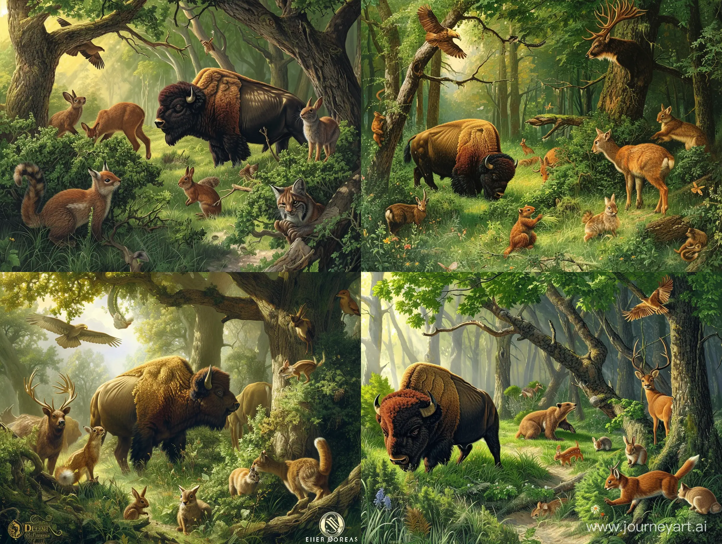 Wildlife-Harmony-in-Lush-Spring-Forest-Bison-Badger-Snake-Eagle-and-More