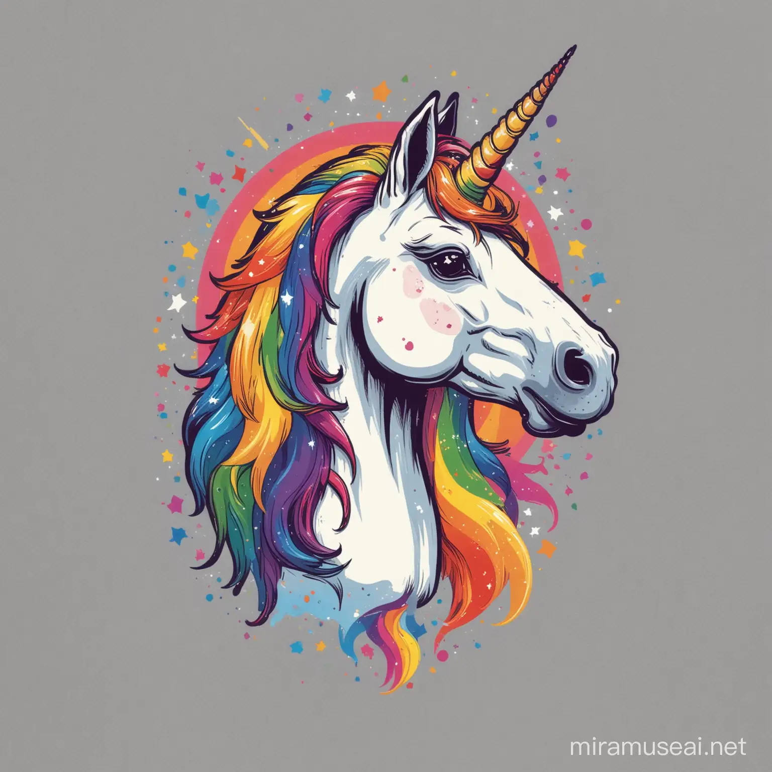 A graphic t-shirt design for a gay apparel brand on a white background NOT on a tshirt. Use a bold, pop art style with vibrant colors. Feature a playful illustration of a unicorn with a rainbow mane