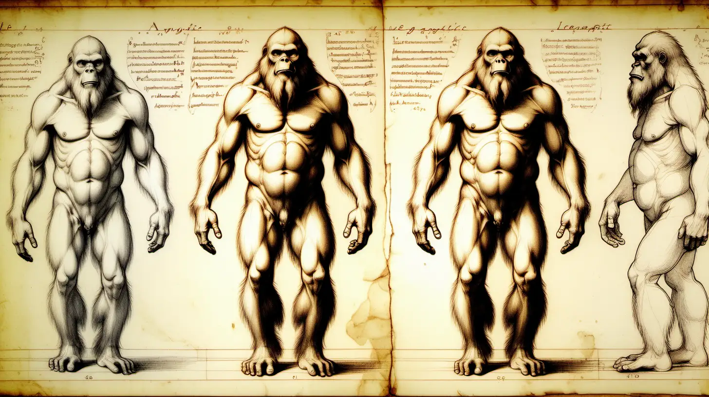 Realistic Scientific Drawing of Bigfoot by Leonardo da Vinci