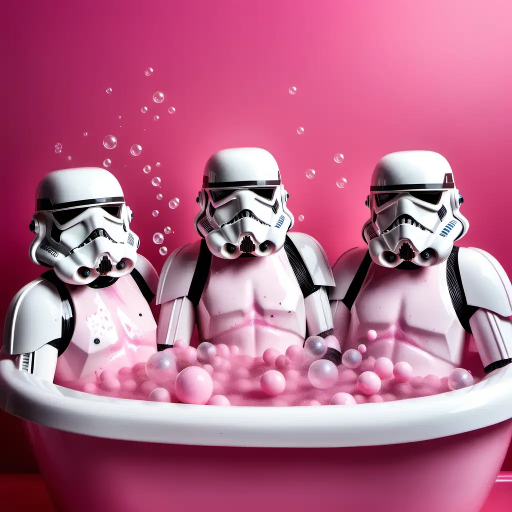 Stormtroopers sat in a bath with a pink background. Bubbles in the bath 