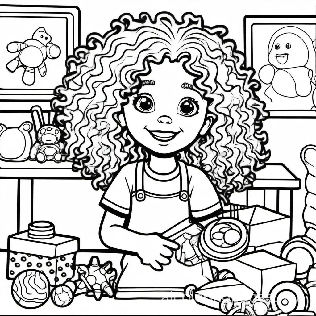 A curly-haired girl playing with toys, Coloring Page, black and white, line art, white background, Simplicity, Ample White Space. The background of the coloring page is plain white to make it easy for young children to color within the lines. The outlines of all the subjects are easy to distinguish, making it simple for kids to color without too much difficulty