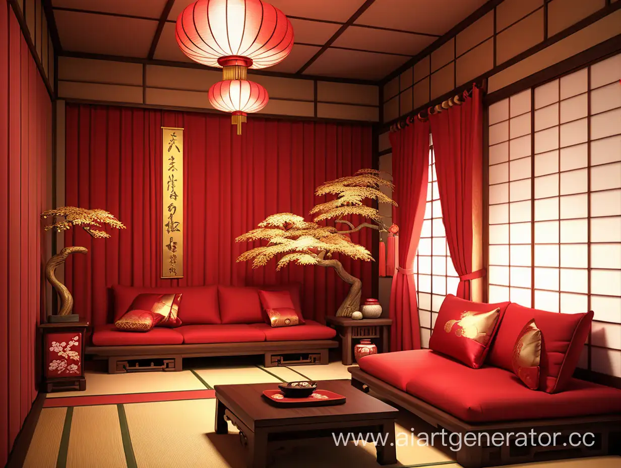 Elegant-JapaneseInspired-Red-Room-with-Golden-Accents-and-Silk-Pillows
