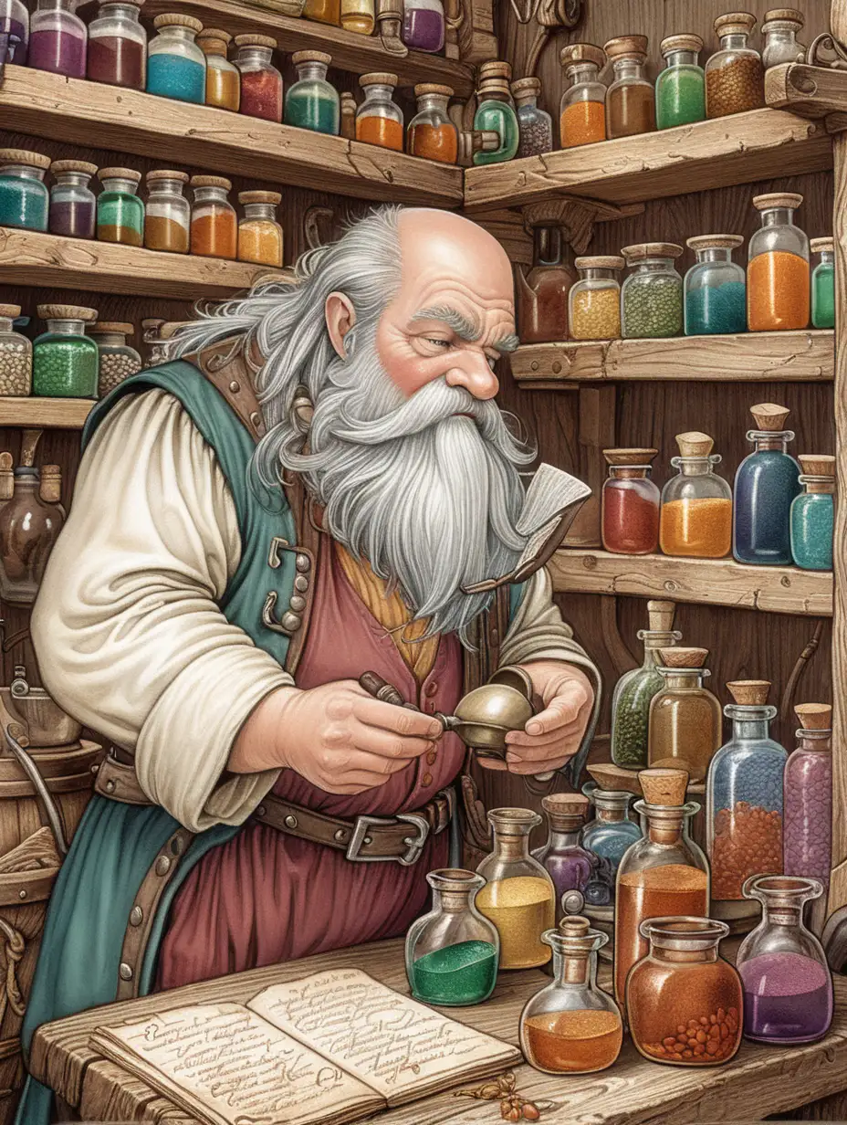 A colored page of  A dwarf apothecary carefully measuring ingredients for a potion, no detail, thin lines