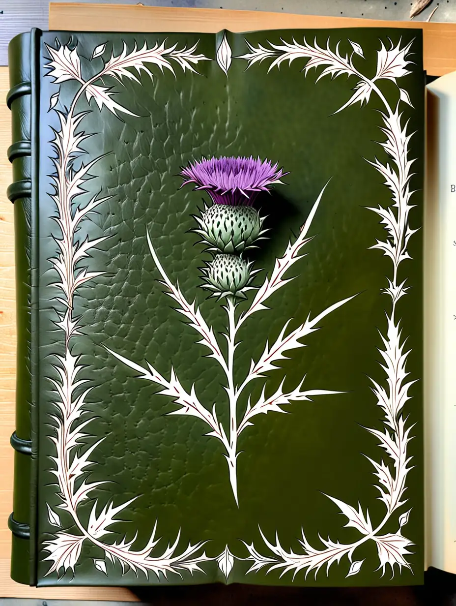 full frontal view of a leather bound book in the color of thistle with a stamped border of leaves, leaving the center area bare for future customization