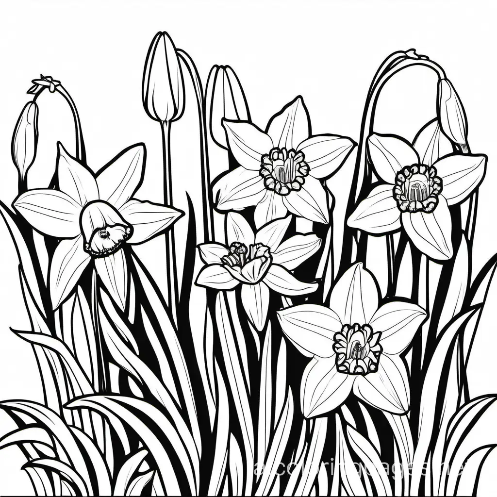 spring flowers snowdrop and daffodil and
 tulips and primroses

, Coloring Page, black and white, line art, white background, Simplicity, Ample White Space. The background of the coloring page is plain white to make it easy for young children to color within the lines. The outlines of all the subjects are easy to distinguish, making it simple for kids to color without too much difficulty