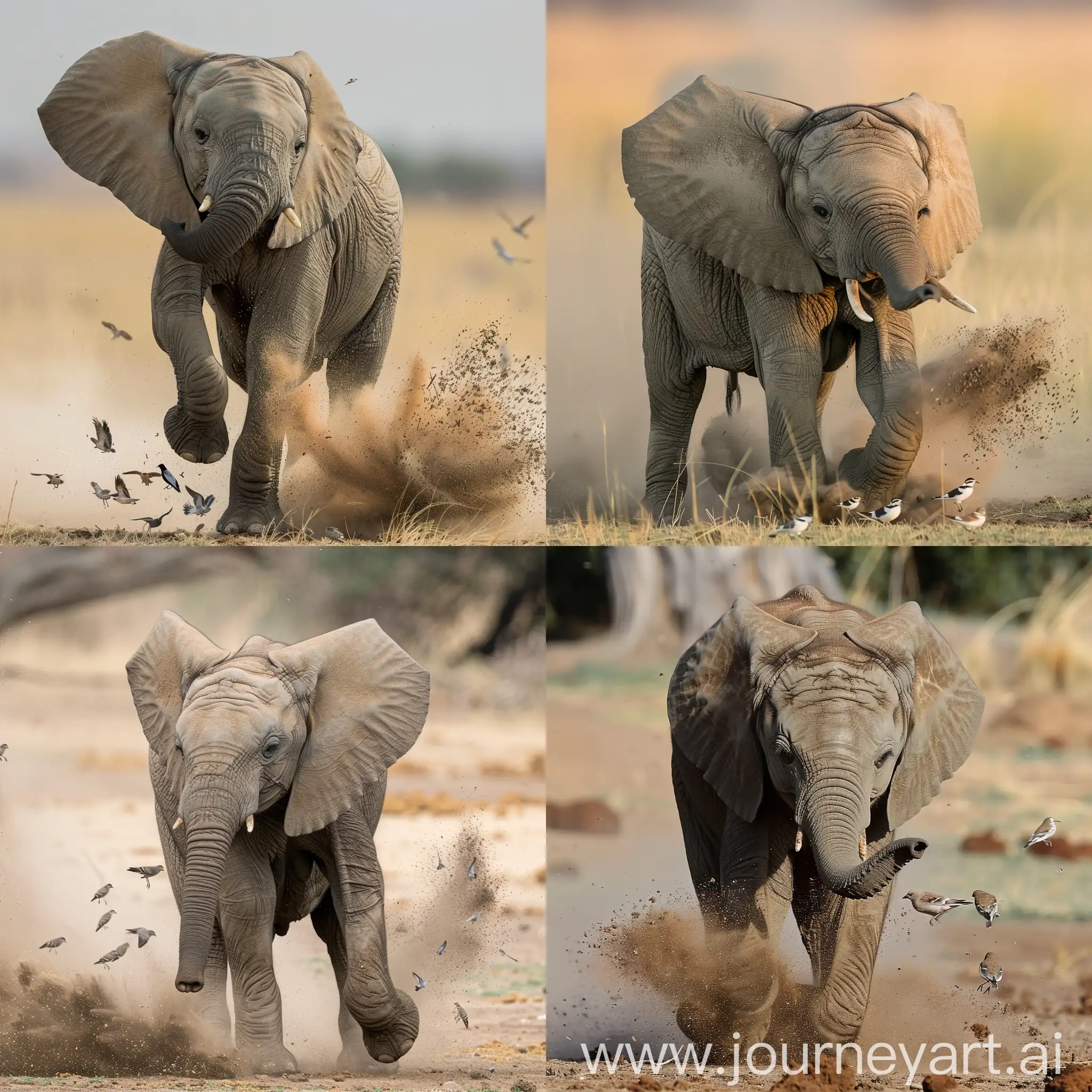  A young African elephant playfully kicks up dust with its trunk, sending a small group of birds scattering in the air.